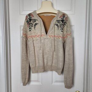Aldo Martins  Folkloric Fringe Sweater - Oatmeal/Beige Size S Boho Cozy